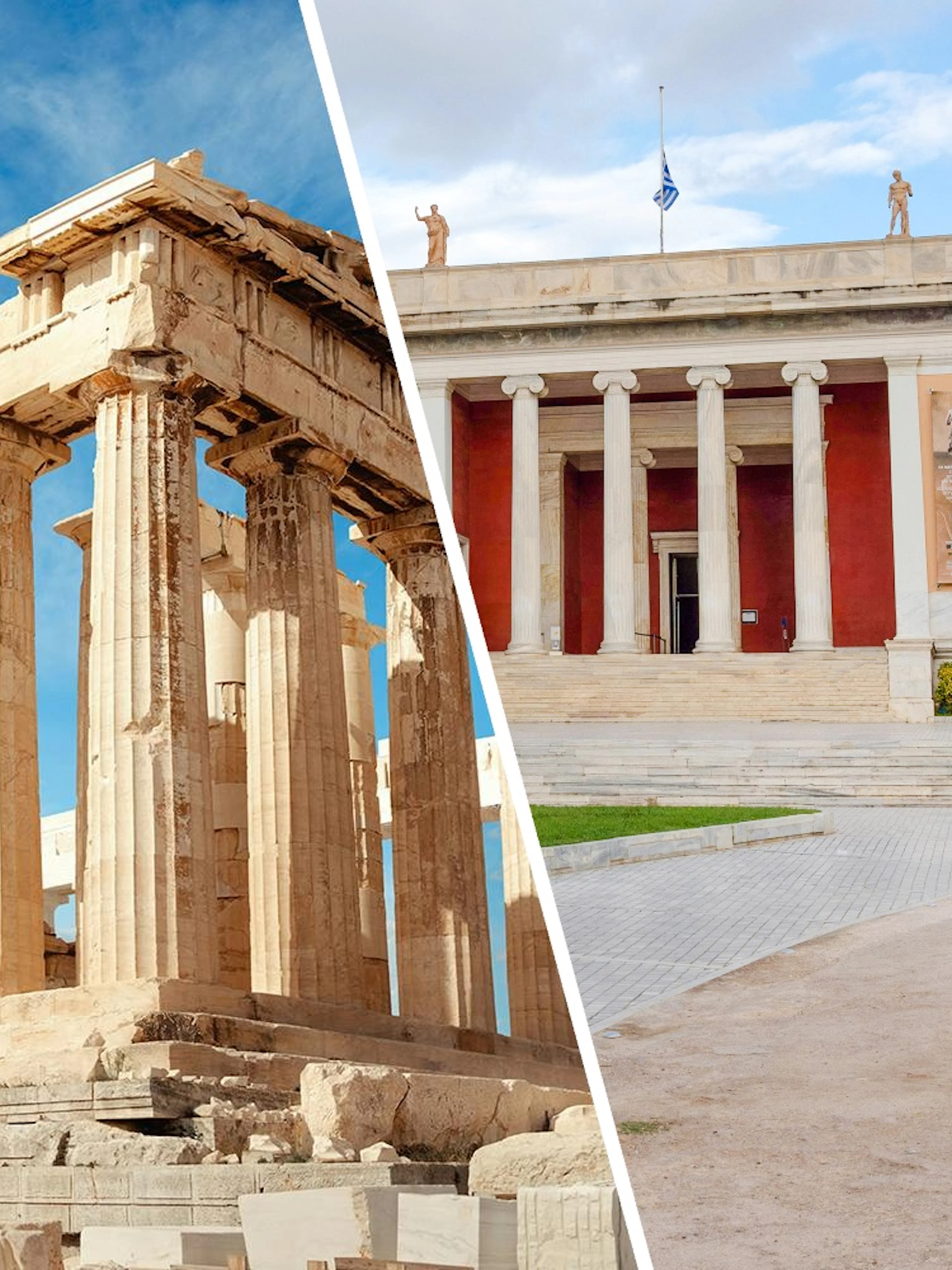Parthenon and National Archaeological Museum in Athens, Greece.