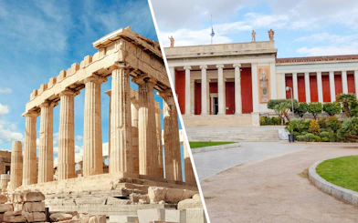 Parthenon and National Archaeological Museum in Athens, Greece.
