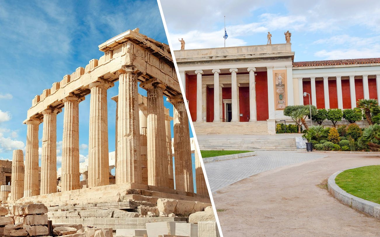 Parthenon and National Archaeological Museum in Athens, Greece.
