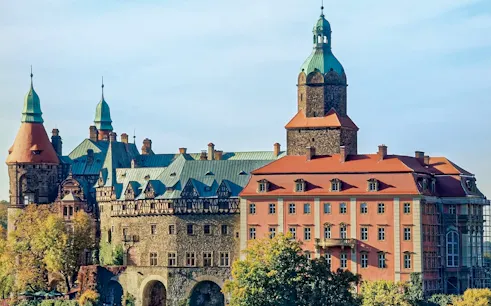 Ksiaz Castle with its towers and red roofs in Lower Silesia, Poland.