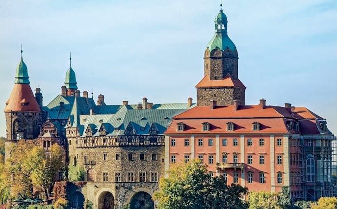 Ksiaz Castle with its towers and red roofs in Lower Silesia, Poland.