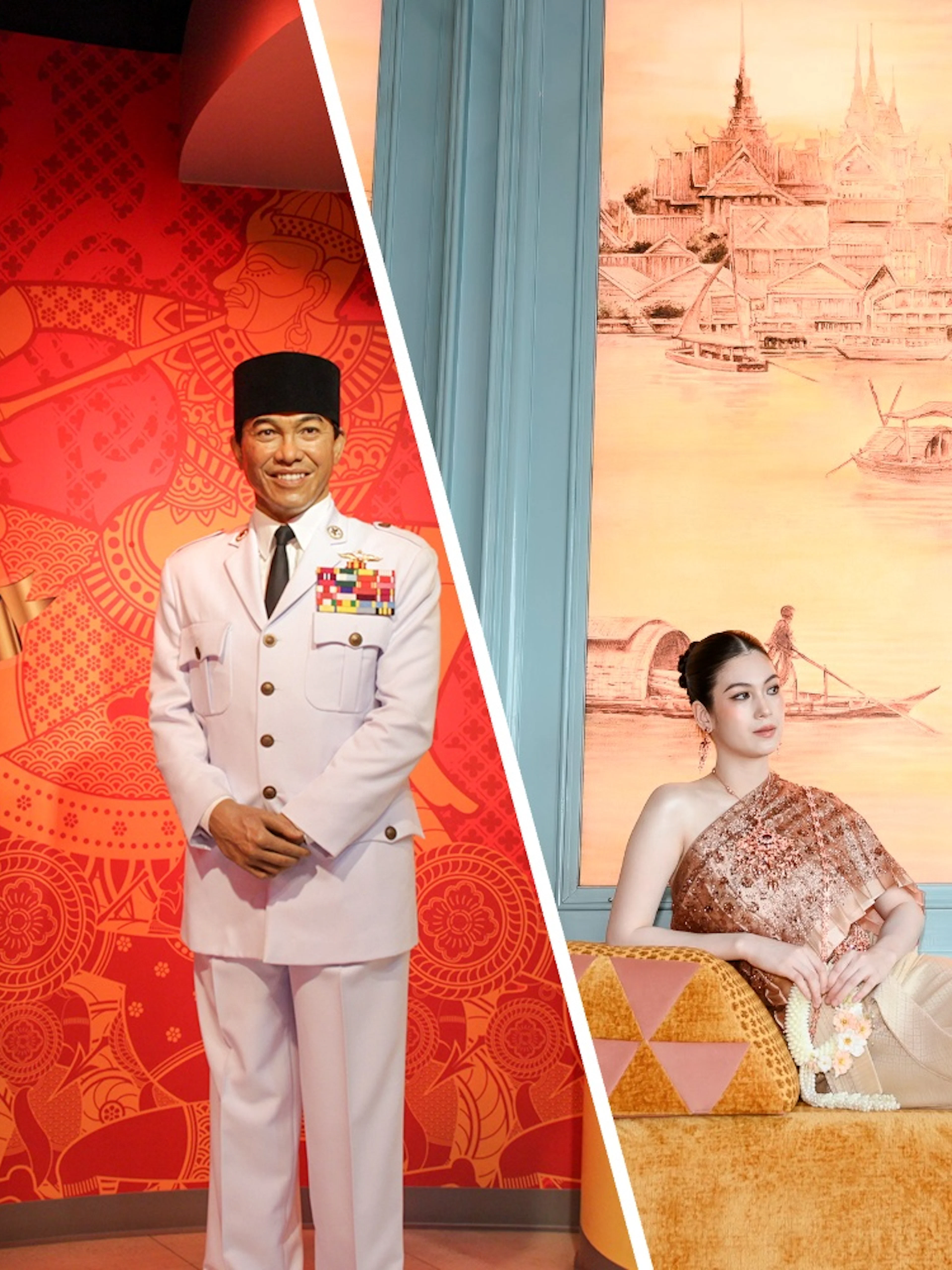 Wax figure in military attire at Madame Tussauds Bangkok with Indonesian emblem backdrop.