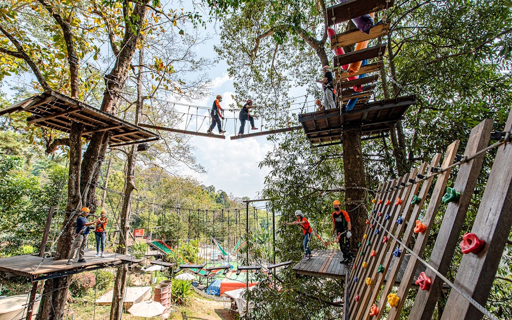 People crossing hanging bridges in a forest adventure park.