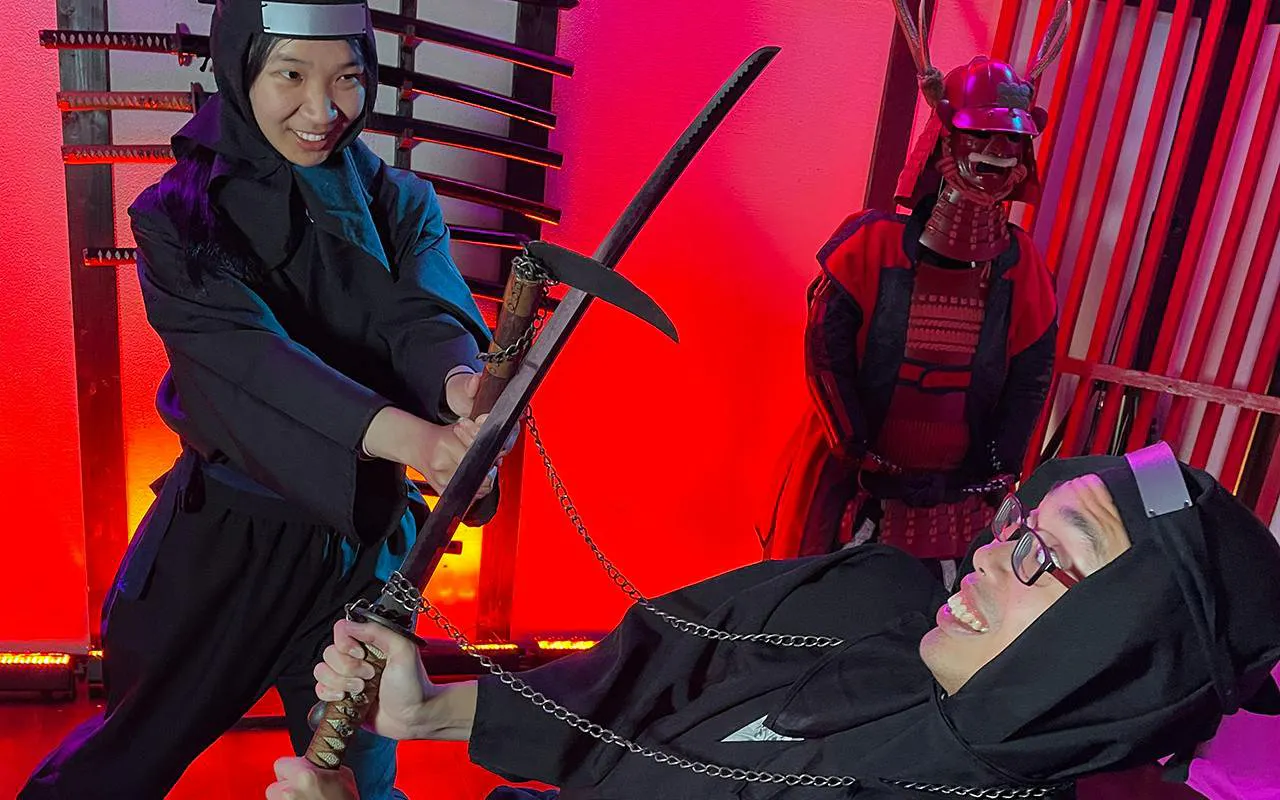Ninjas practicing sword techniques at Osaka Ninja Workshop.
