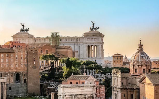 View from the Palatine Hill over the Roman Forum with Mamertine Prison in Rome.