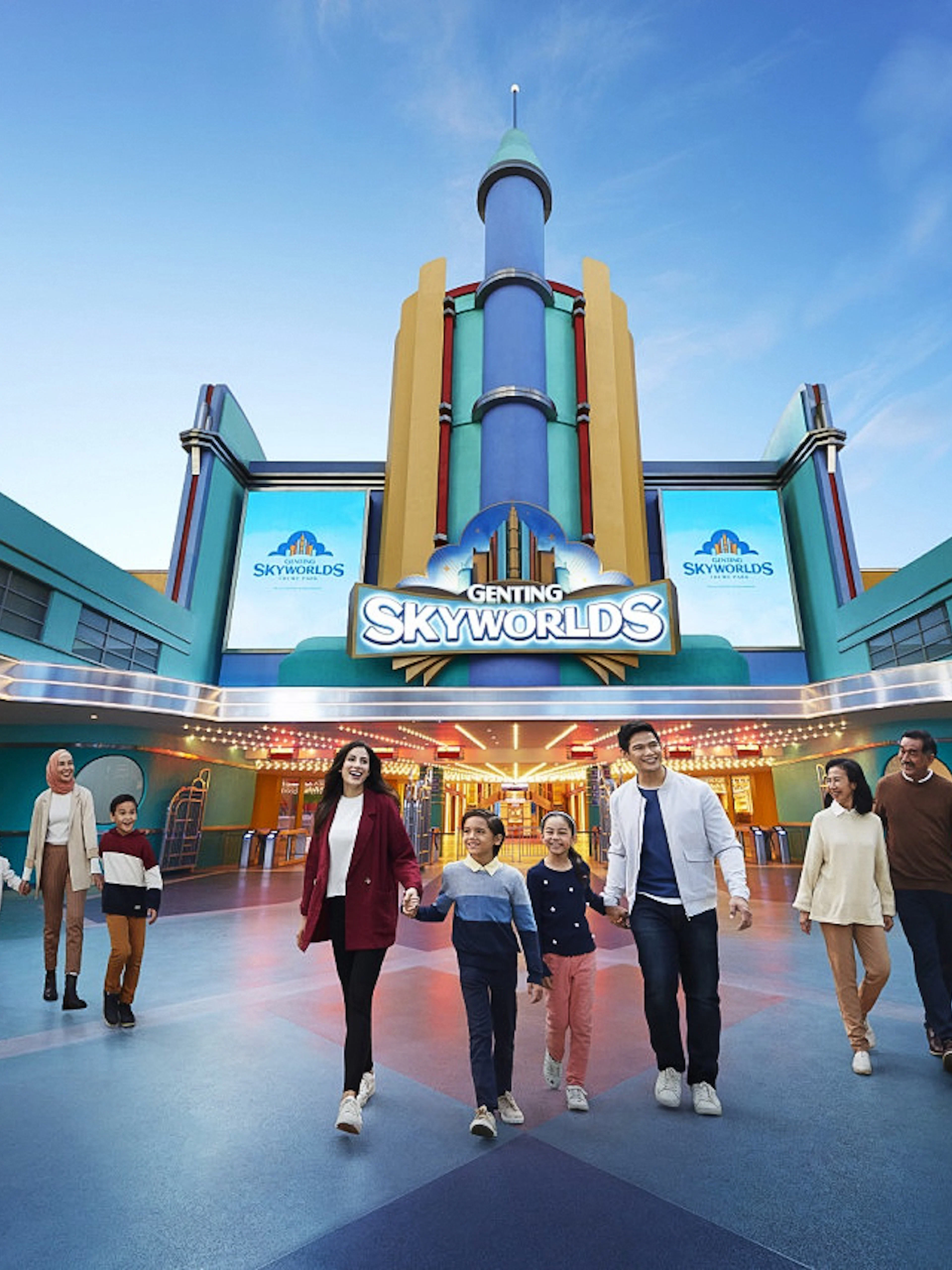 Visitors walking at the entrance of Genting SkyWorlds theme park.
