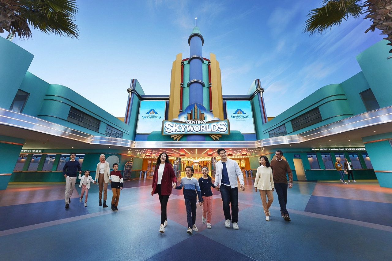 Visitors walking at the entrance of Genting SkyWorlds theme park.