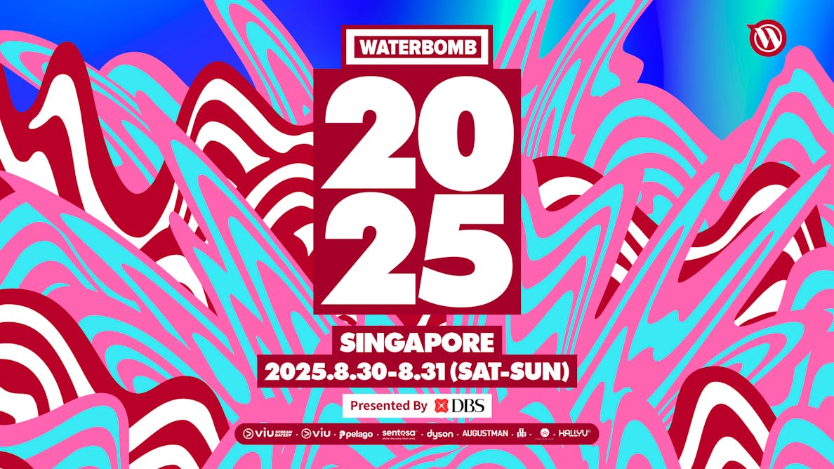 Promotional poster for Waterbomb Singapore 2025, featuring pink and blue wave design, August 30-31.