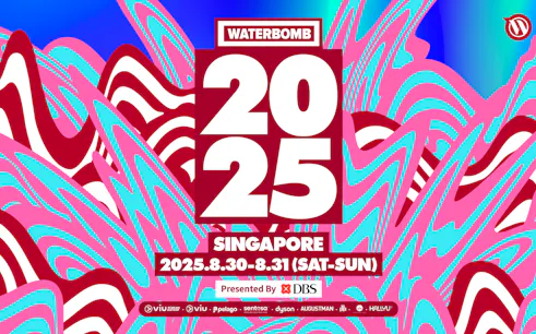 Promotional poster for Waterbomb Singapore 2025, featuring pink and blue wave design, August 30-31.