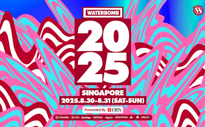 Promotional poster for Waterbomb Singapore 2025, featuring pink and blue wave design, August 30-31.