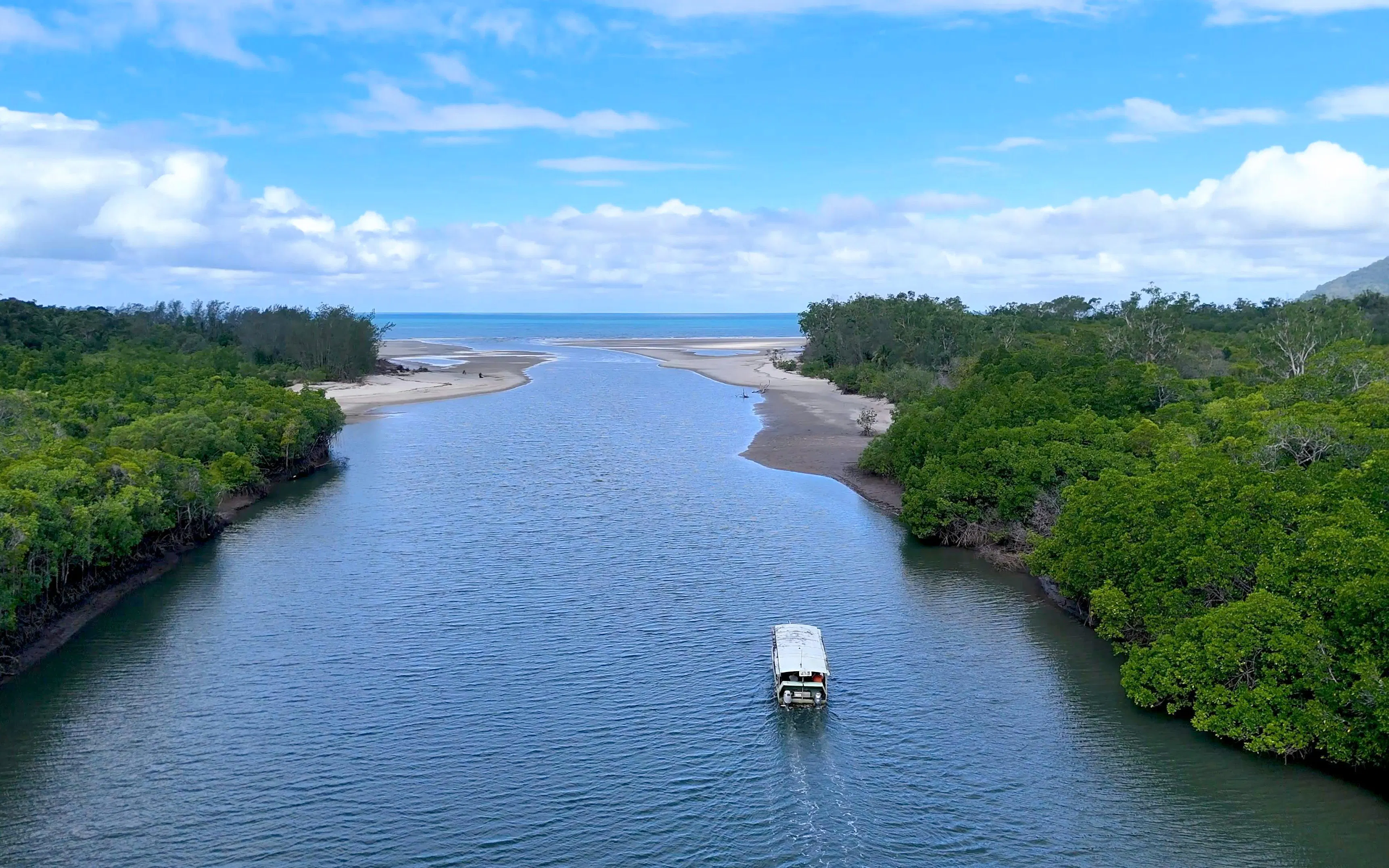 Tour boat on tropical river heading toward ocean, Daintree Rainforest, Australia.