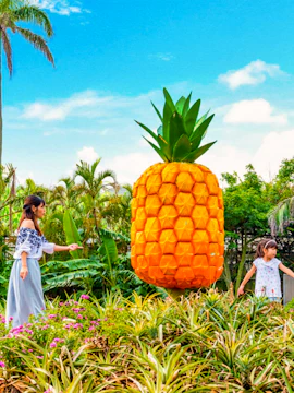Visitors exploring giant pineapple sculpture at Nago Pineapple Park, Okinawa.