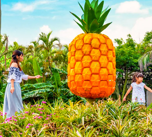 Visitors exploring giant pineapple sculpture at Nago Pineapple Park, Okinawa.