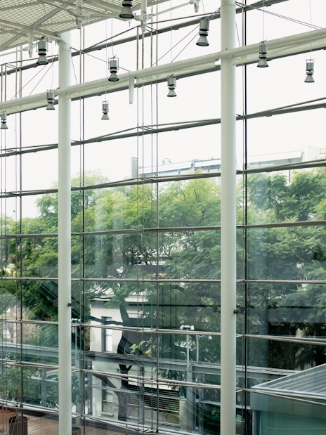 Glass facade of the Museum of Latin American Art (MALBA) interior with trees visible outside.