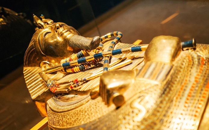 Golden sarcophagus of Tutankhamun at the Egyptian Museum exhibit.