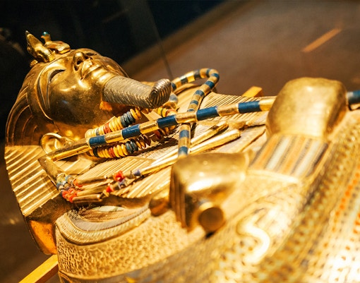Golden sarcophagus of Tutankhamun at the Egyptian Museum exhibit.