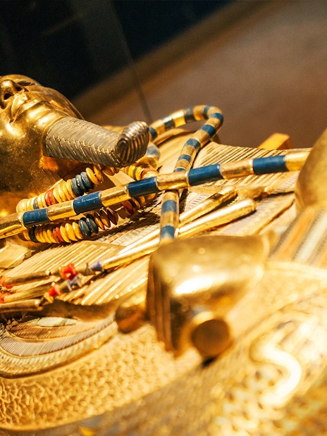 Golden sarcophagus of Tutankhamun at the Egyptian Museum exhibit.