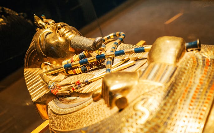 Golden sarcophagus of Tutankhamun at the Egyptian Museum exhibit.