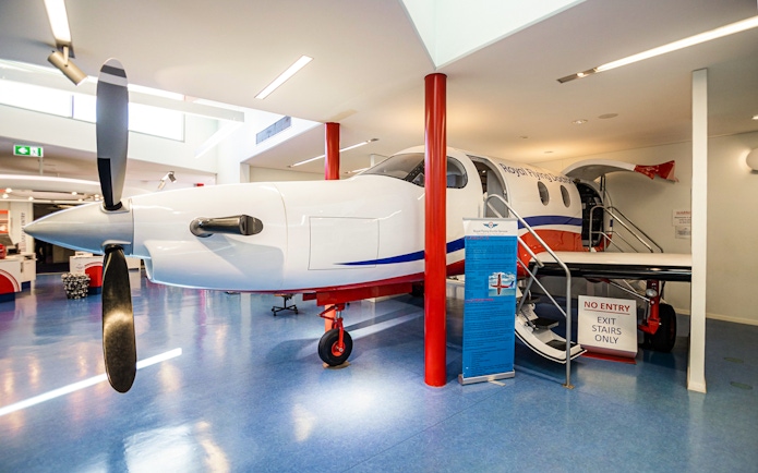 Royal Flying Doctor Service aircraft exhibit in Alice Springs museum.