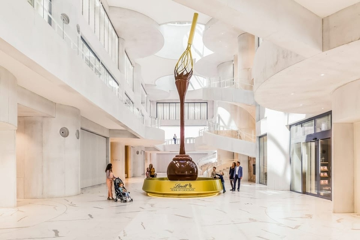 Lindt Home of Chocolate Museum interior with large chocolate fountain.