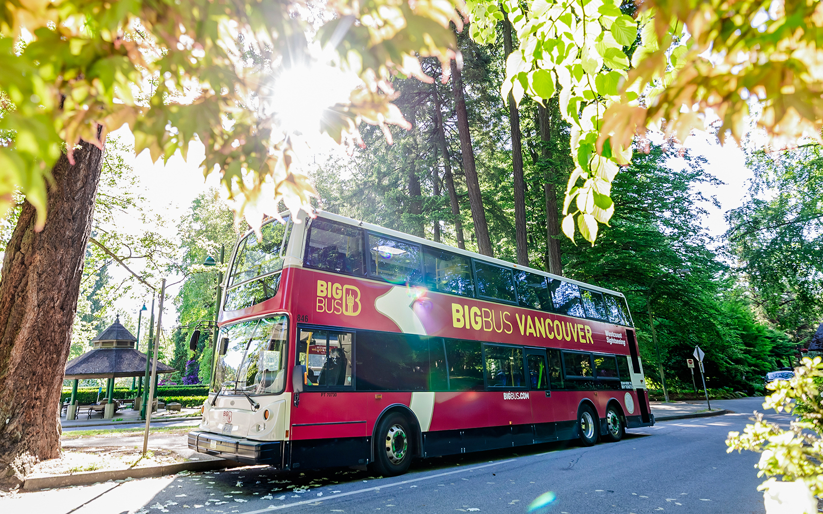 Big Bus Vancouver parked on a tree-lined street in a sunny park setting.