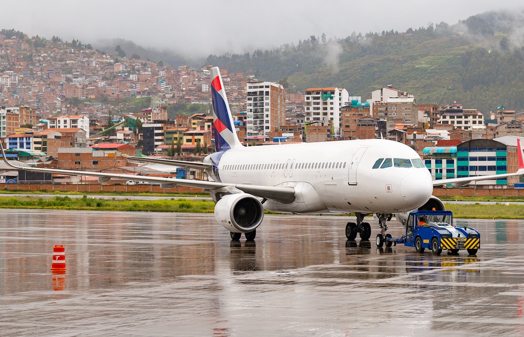 Airplane being pushed back at Alejandro Velasco Cusco, Peru