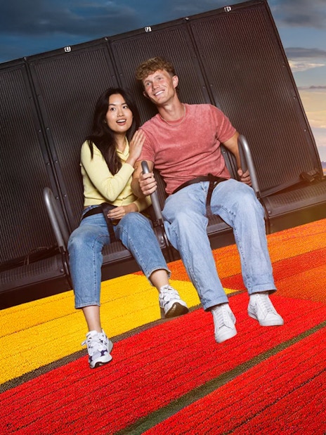 Guests enjoying the 5D Ultimate Flight Experience over vibrant tulip fields.
