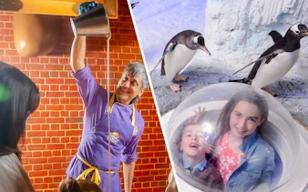 Chocolate pouring demonstration at Cadbury World and children observing penguins at SEA LIFE Birmingham.