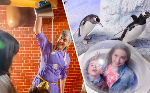 Chocolate pouring demonstration at Cadbury World and children observing penguins at SEA LIFE Birmingham.