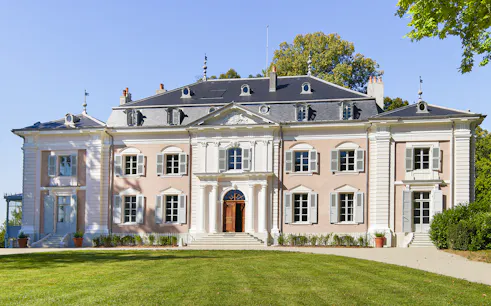 Voltaire's castle facade with entrance, Ferney-Voltaire, France.