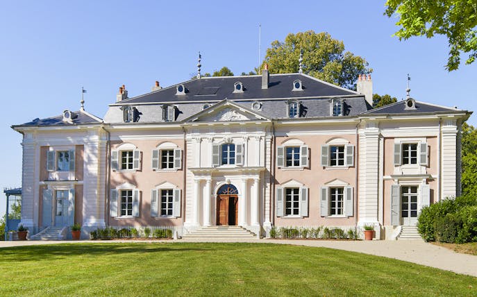 Voltaire's castle facade with entrance, Ferney-Voltaire, France.