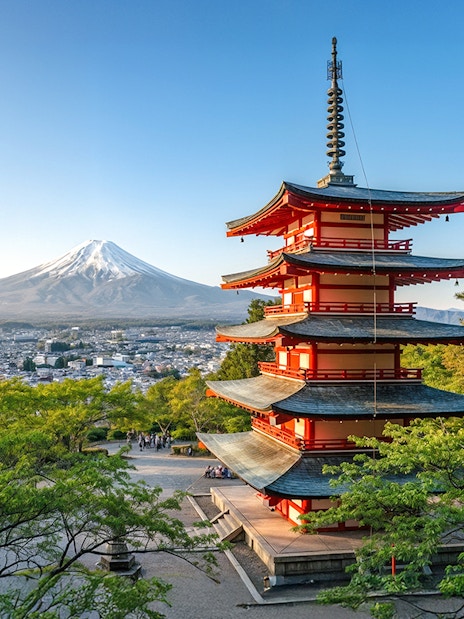 Pagoda at Arakurayama Sengen Park with Mount Fuji in the background, Japan.