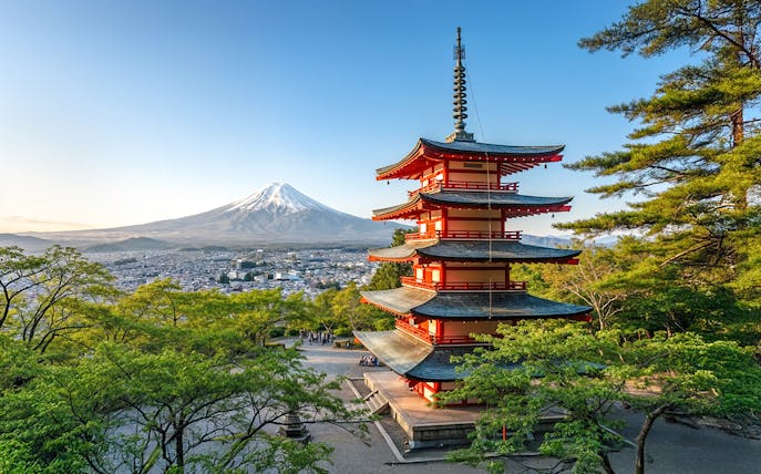 Pagoda at Arakurayama Sengen Park with Mount Fuji in the background, Japan.