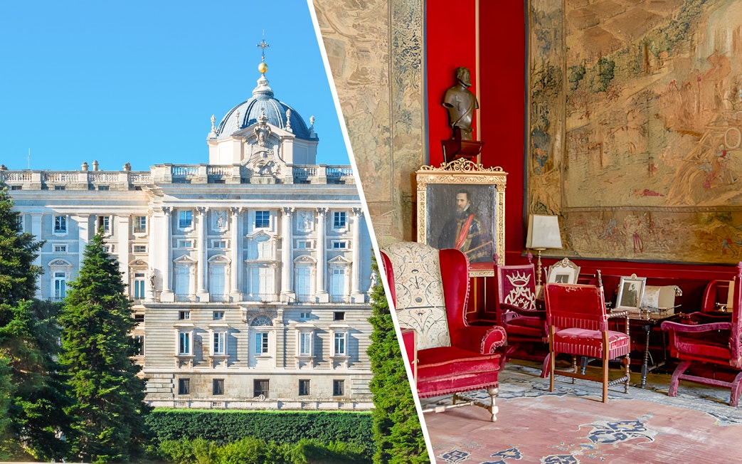 Royal Palace of Madrid exterior and Liria Palace interior room with red chairs and artwork.