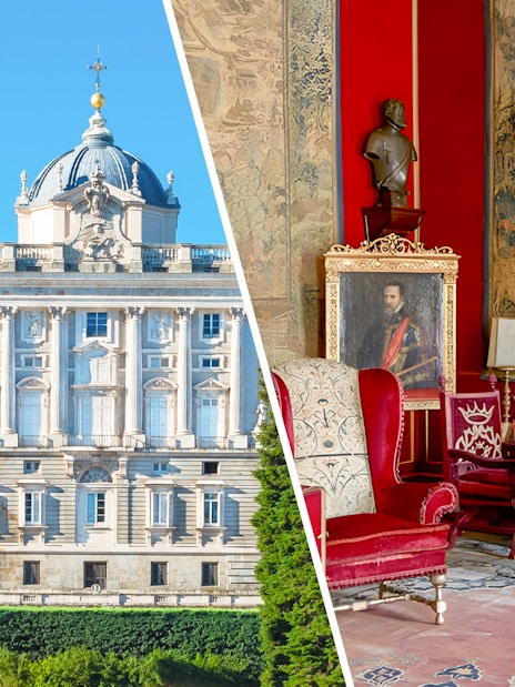 Royal Palace of Madrid exterior and Liria Palace interior room with red chairs and artwork.