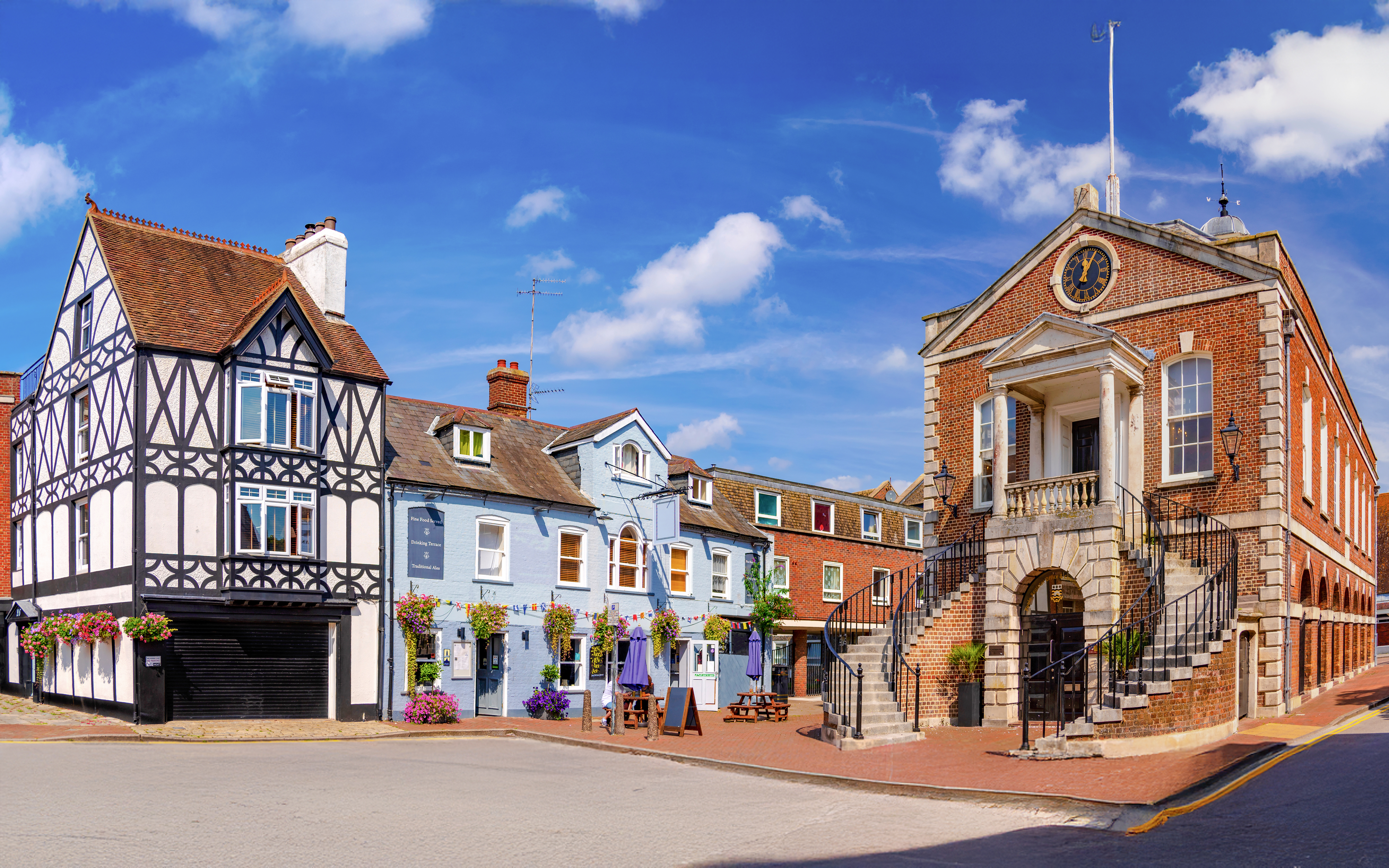 The historic Old Town of Poole in Dorset, with Poole Guildhall on the right