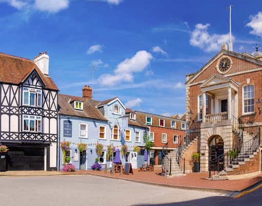 The historic Old Town of Poole in Dorset, with Poole Guildhall on the right