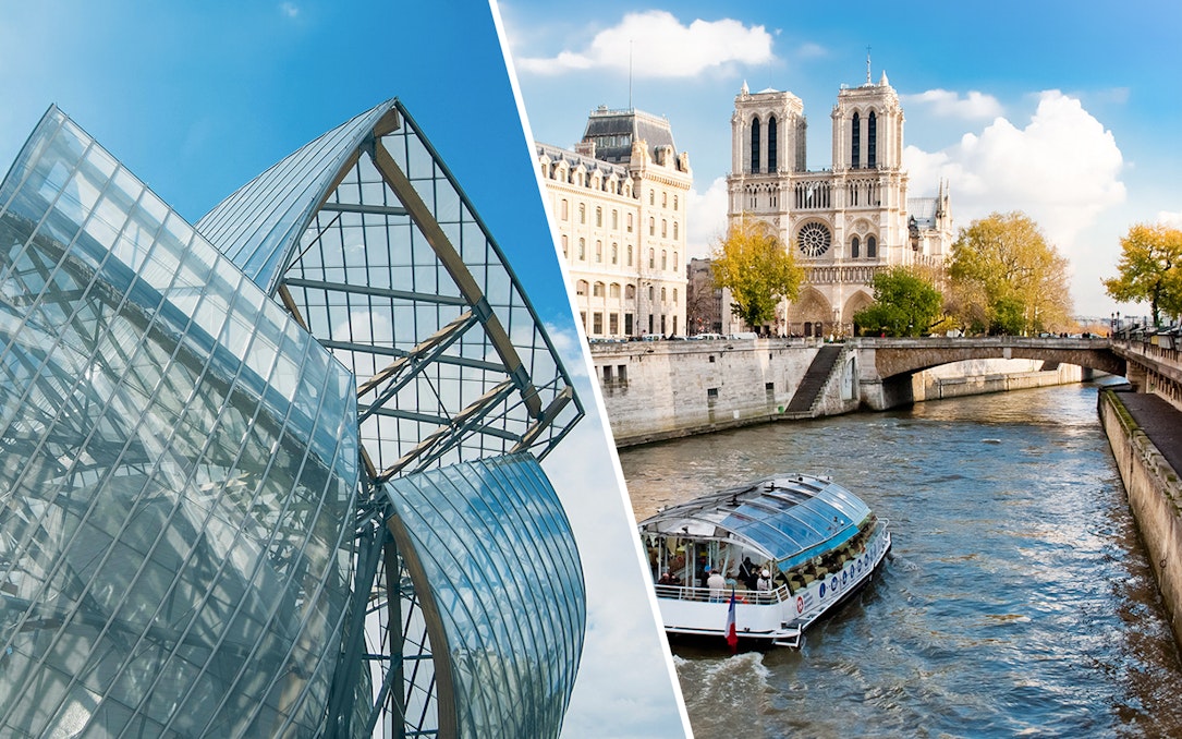 Modern glass architecture and Seine River cruise near Notre-Dame Cathedral, Paris.