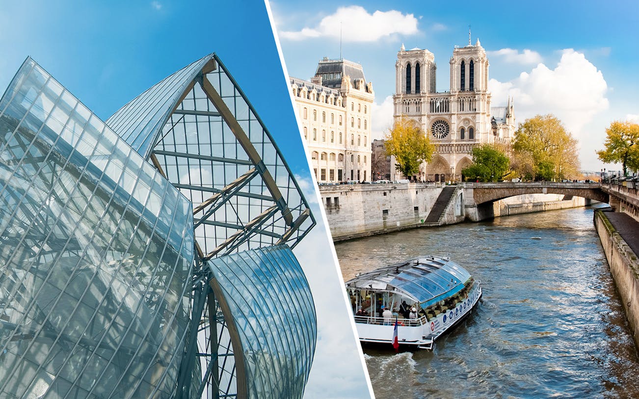 Modern glass architecture and Seine River cruise near Notre-Dame Cathedral, Paris.