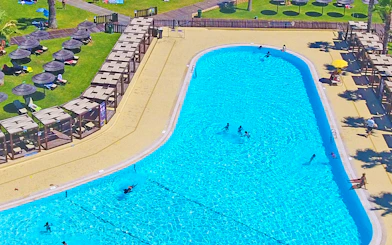 Aerial view of swimming pool and sun loungers at Zoomarine Algarve.