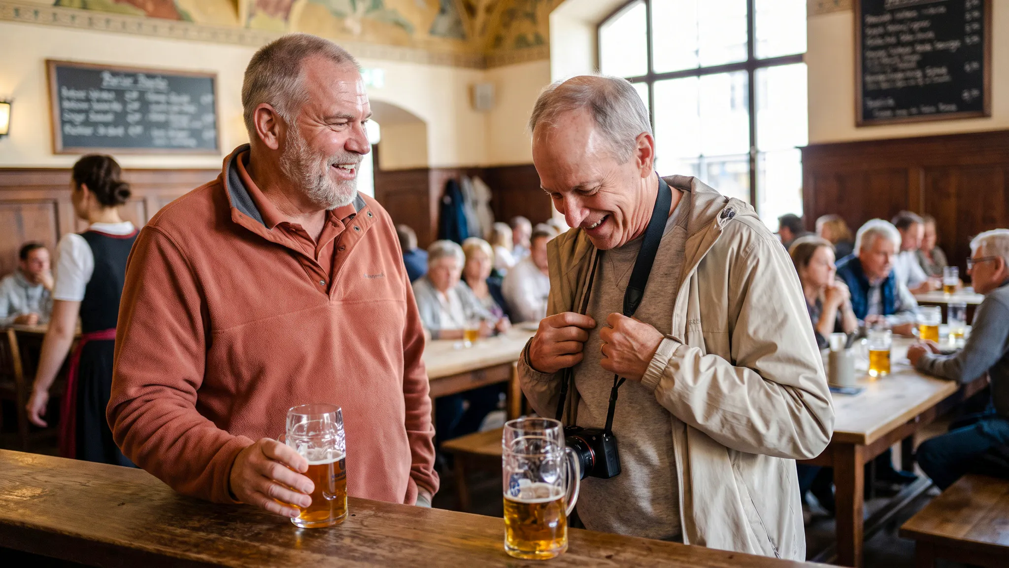 Men enjoying beer at a traditional Munich beer hall during Oktoberfest walking tour.