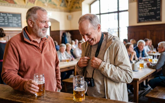 Men enjoying beer at a traditional Munich beer hall during Oktoberfest walking tour.