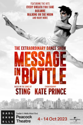 Broadway stage with "Message In A Bottle" performance, featuring dancers in dynamic poses.