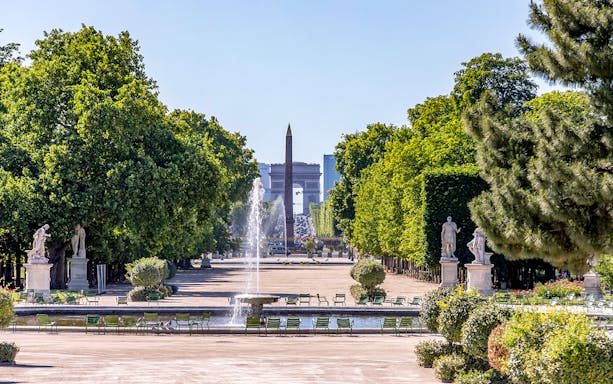 View of Place de la Concorde and Arc de Triomphe from Tuileries Garden, Paris.