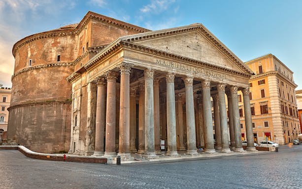Pantheon in Rome with its iconic columns and ancient architecture.
