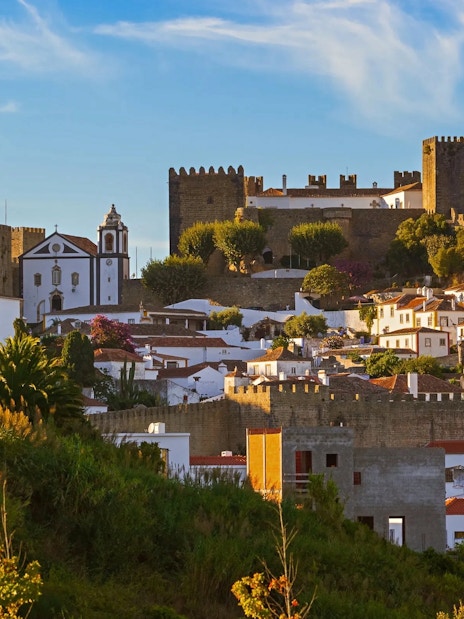 Óbidos townscape with medieval castle and whitewashed houses in Portugal.