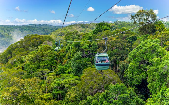 Skyrail gondola over Barron Falls rainforest, Kuranda, Queensland.