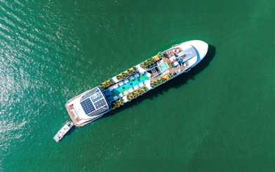 Aerial view of a cruise ship deck with pool and lounge chairs on a dolphin cruise.