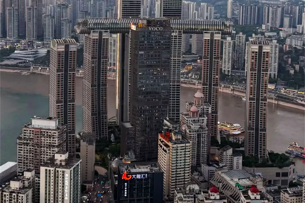 Skyscrapers along the Yangtze River in Chongqing during a city tour.
