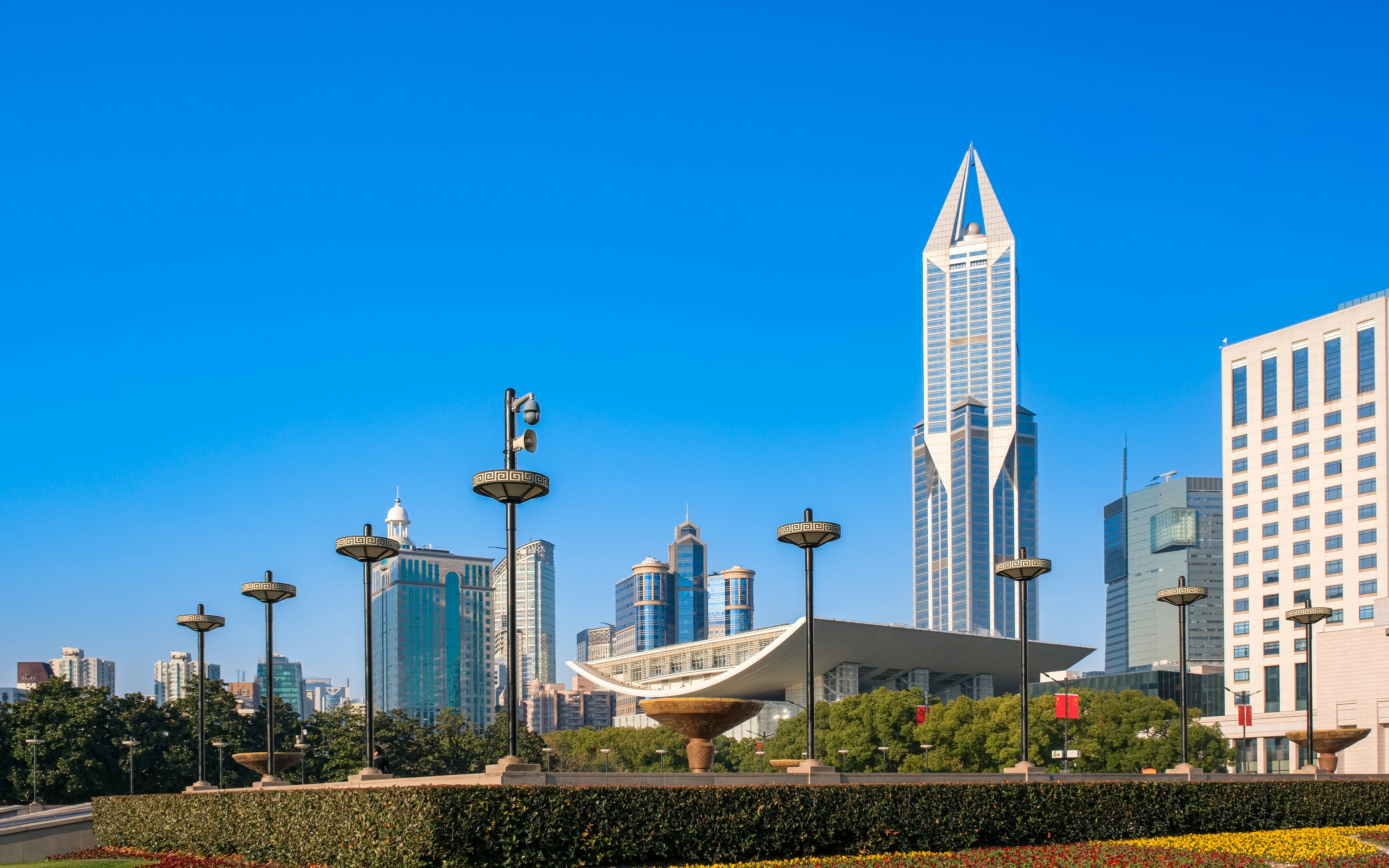 People's Square with modern skyscrapers in Shanghai, China.